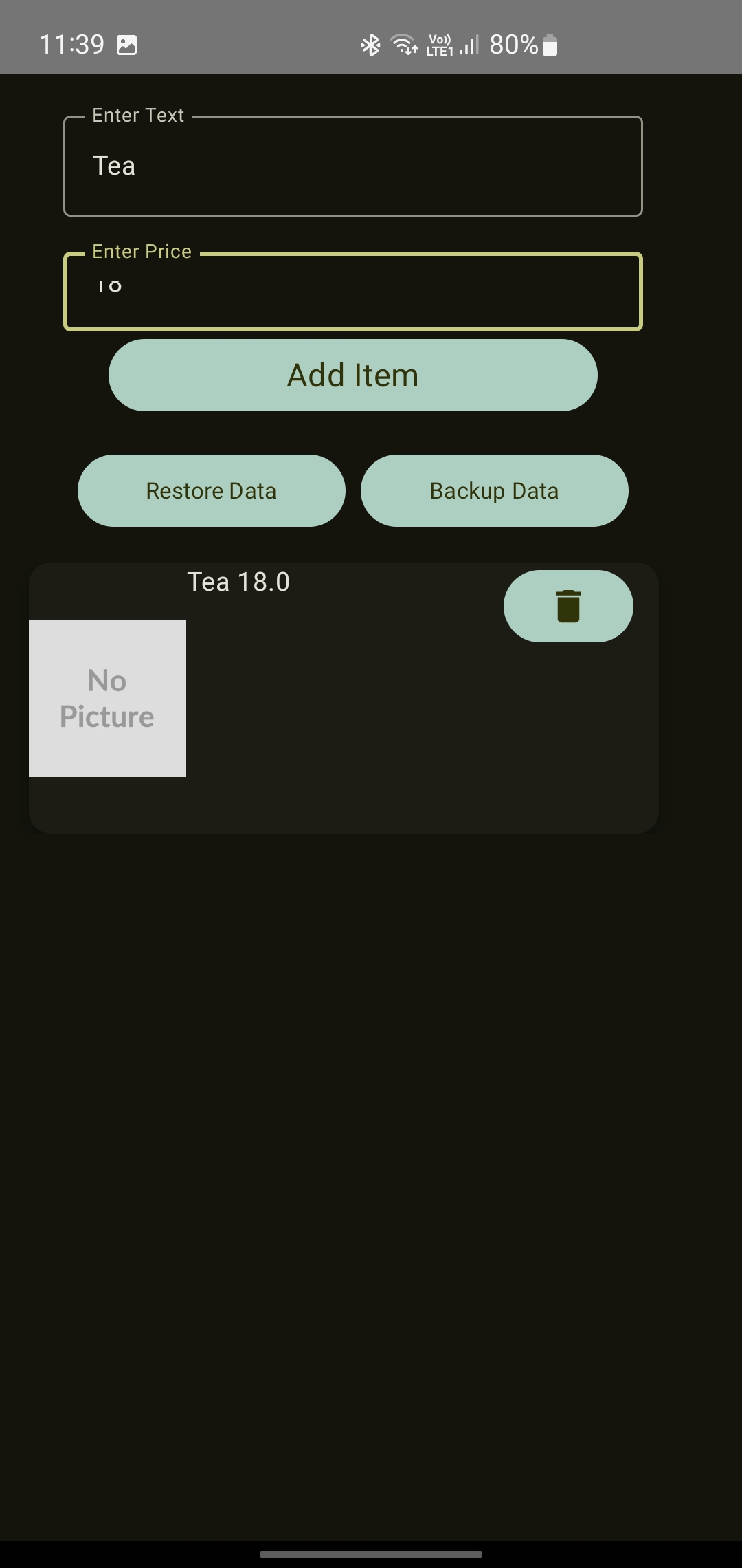 Item list screen